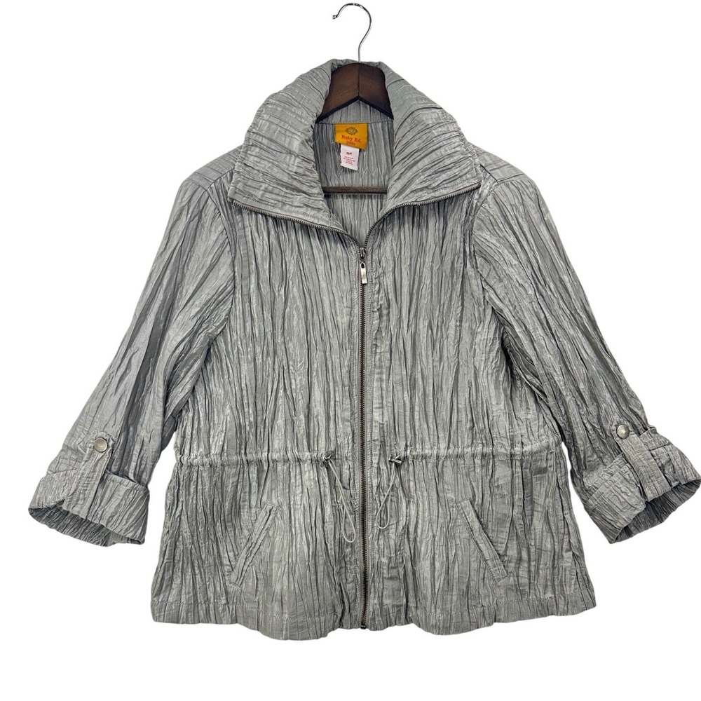 Ruby Rd Petite Crinkle Texture Zip Front Drawstring Jacket Silver Size 16P